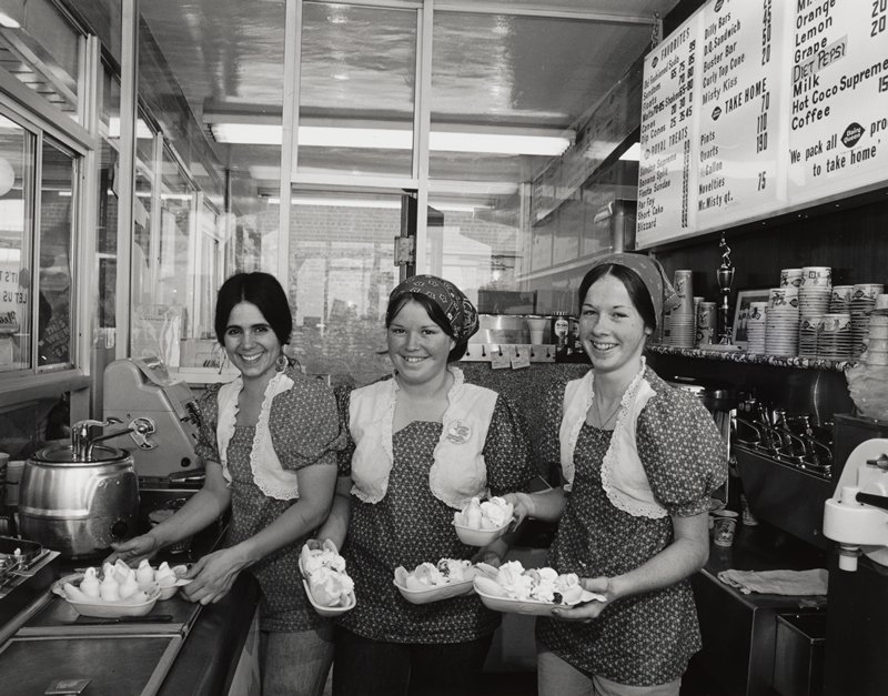 A banana split has one banana, three lumps of ice milk, crushed pineapple, strawberries, chocolate syrup and whipped cream. In two days of our forty-nine cent special, we sold five thousand splits. Businessmen want a pretty face at the counter and counter girls have personality to deal with the public., Bill Owens, 1976 (printed 2006)