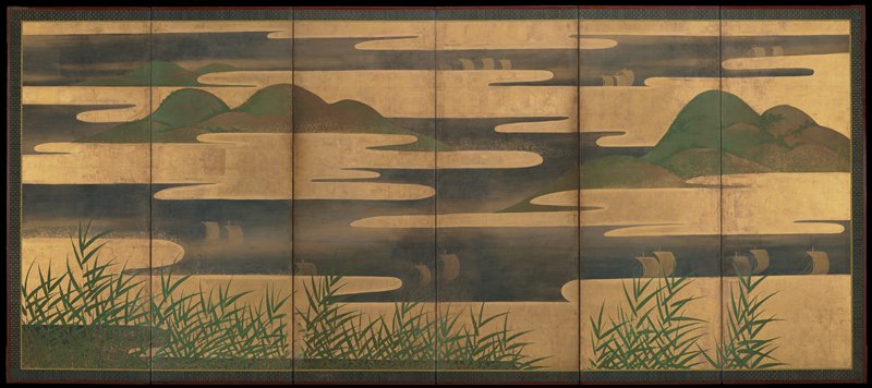 Sail boats on Yodo River in Fushimi [left of a pair], around 1600 (restored in 1672)