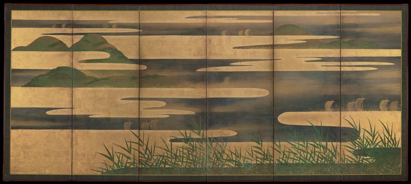 Sail boats on Yodo River in Fushimi [right of a pair], around 1600 (restored in 1672)