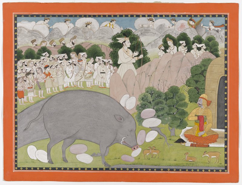 Illustration from a Kiratarjuniya Series: Arjuna's Contest with Shiva, Attributed to Purkhu, c. 1820