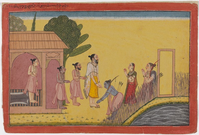 Folio from the Shangri Ramayana (Style IV): Rama, Sita, and Lakshmana Arriving at the Hermitage of Sage Agastya, Kulu or Mandi workshop, c. 1730