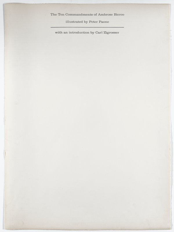 Title page for The Ten Commandments of Ambrose Bierce, Peter Paone, 1963