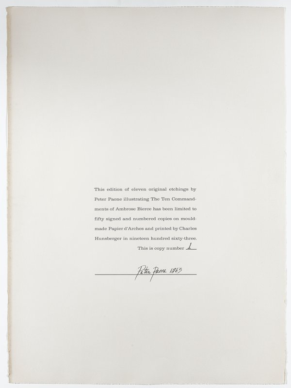 Colophon for The Ten Commandments of Ambrose Bierce, Peter Paone, 1963