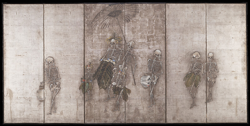 Skeletons as a Courtesan Procession [right of a pair], Takeuchi Ryūa, c. 1900–20