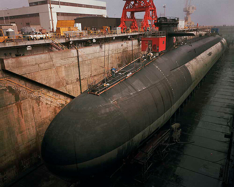 Ohio class Trident submarine USS Alaska in dry dock for refit, Naval Submarine Base Bangor, Washington, Paul Shambroom, 1992