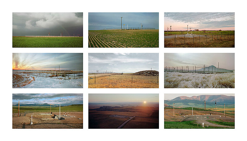 Nine ICBM silos (L to R, top to bottom): Minuteman III 'Alpha 7', Egbert, Wyoming; Minuteman III 'Kilo 5', Dix, Nebraska; Minuteman II 'Foxtrot 9', Leesville, Missouri; Minuteman III 'India 8', Ross, North Dakota; Minuteman III 'Mike 6', Merino, Colorado, Paul Shambroom, 1992–2001