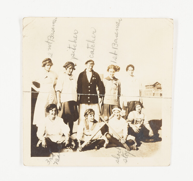 [Women's baseball team with players positions annotated], c. 1925