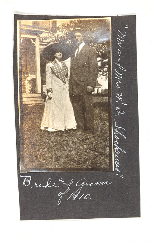 [Bride and groom standing outdoors], 1910