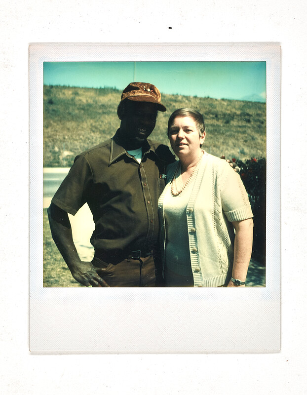 [Two people posing outdoors], c. 1980