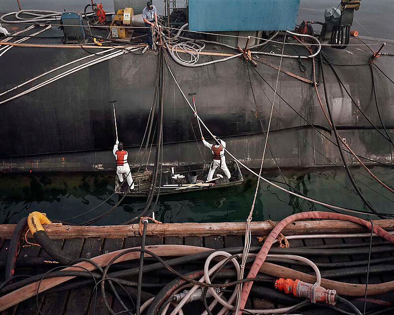 Trident submarine painting during refit, USS Georgia, Naval Submarine Base Bangor, Washington, Paul Shambroom, 1992