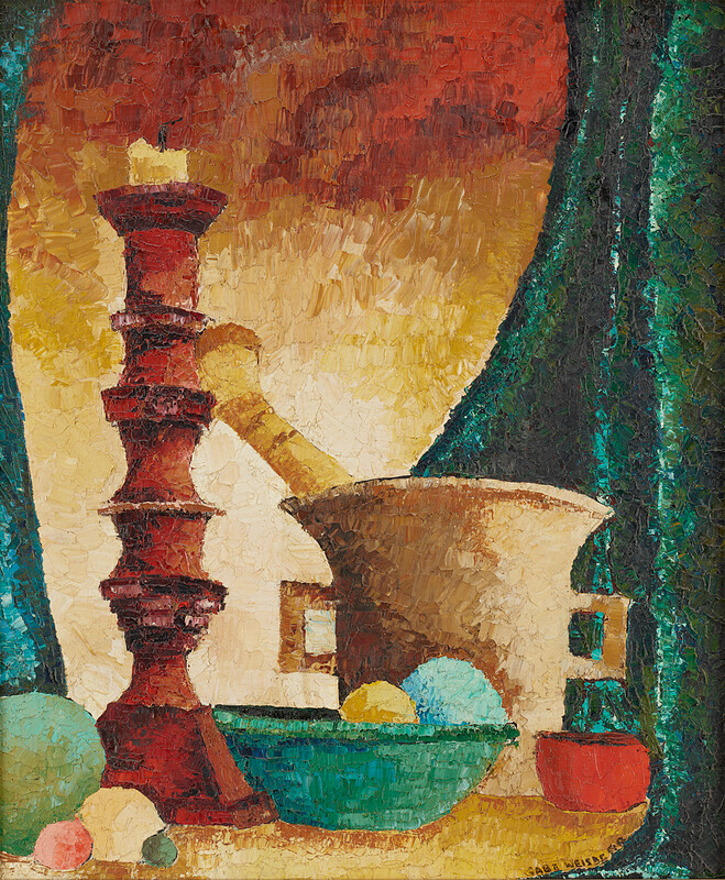 Still Life with Candlestick, Fruit, Mortar and Pestle, Gabriel Weisberg, c. 1960
